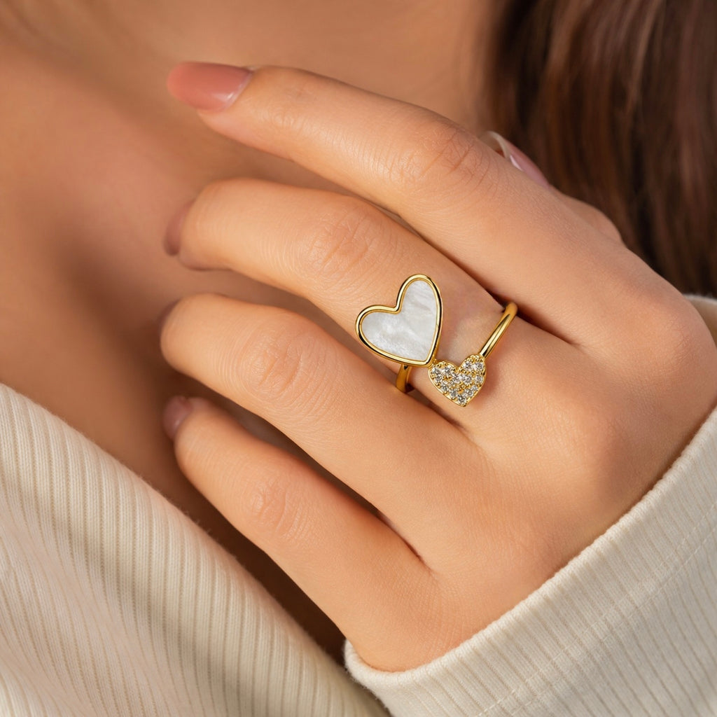 18K Mother of Pearl Double Heart Adjustable Ring