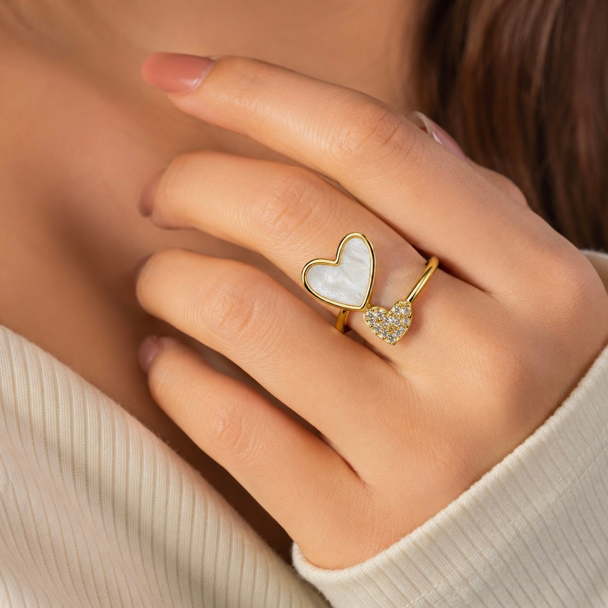 18K Mother of Pearl Double Heart Adjustable Ring