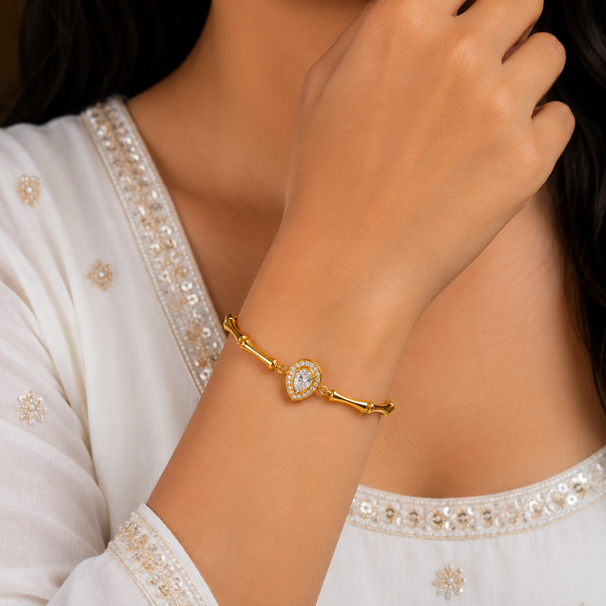 18K Pear Crystal Bamboo Bracelet
