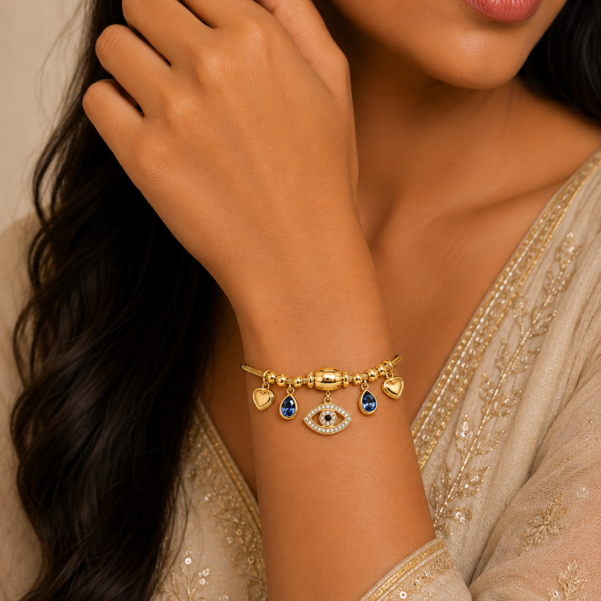 18K Evil Eye Charm Cable Bracelet