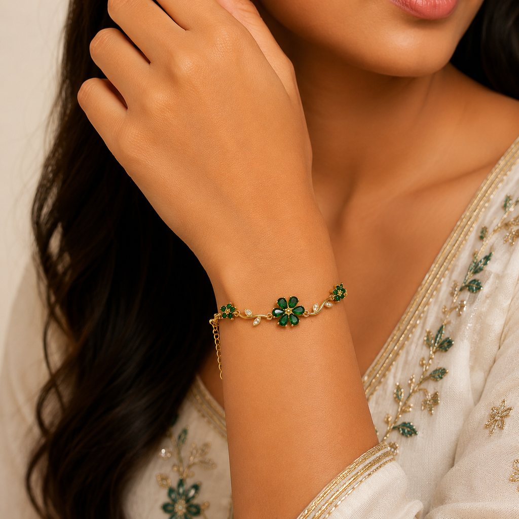 18K Emerald Floral Crystal Bracelet