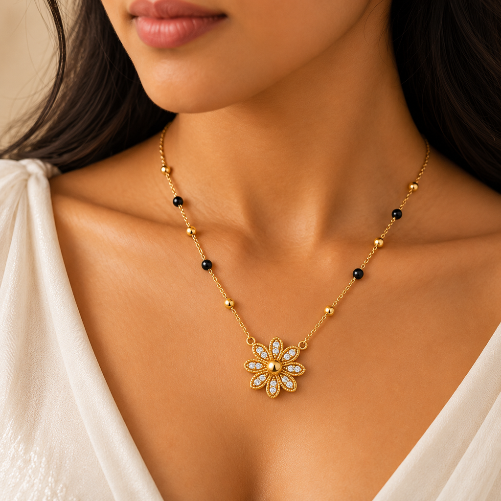 18K Gold Tone Anti-Tarnish Daisy Pendant Mangalsutra