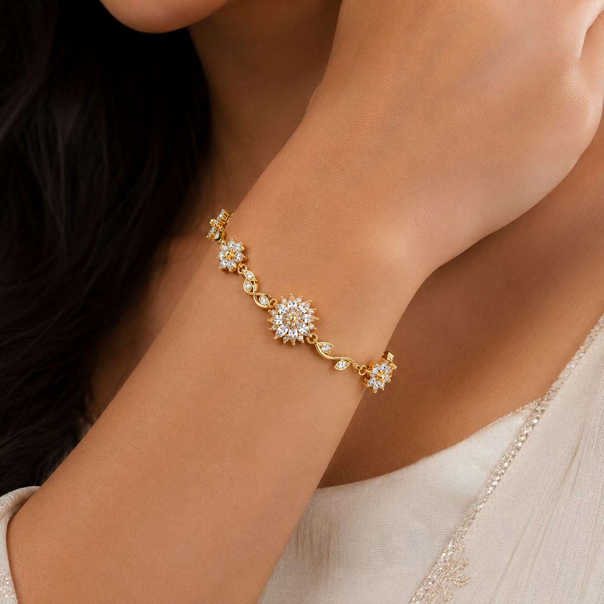 18K Floral Crystal Charm Bracelet