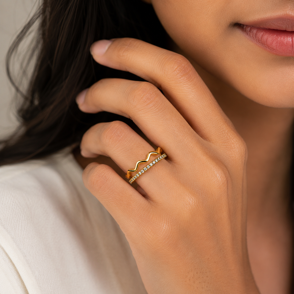 18K Dual Wave Crystal Open Ring