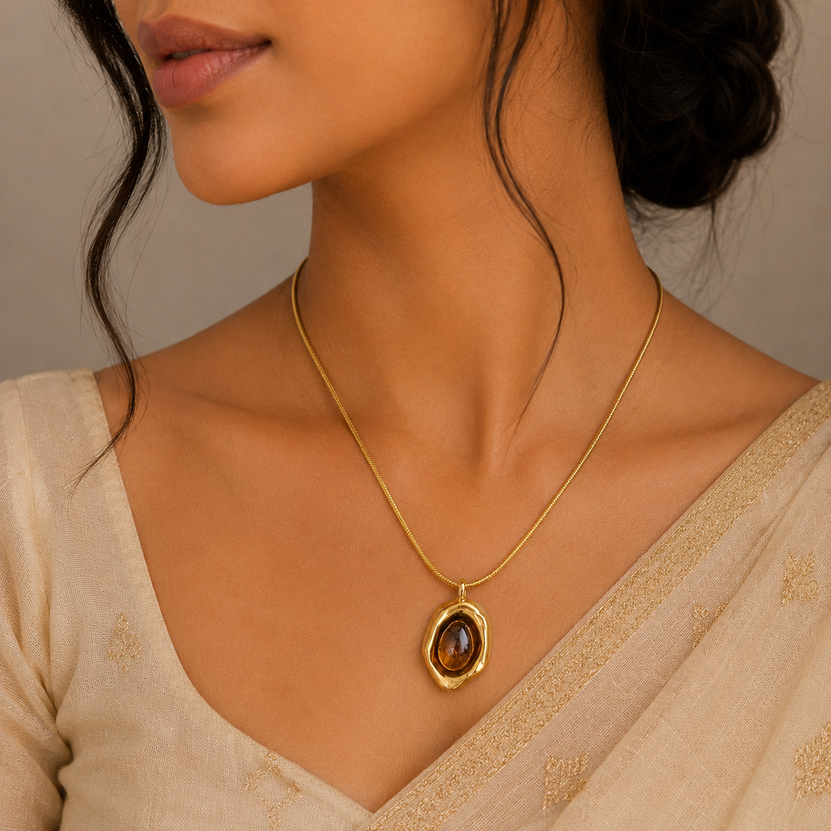18K Gold Plated Golden Amber Stone Necklace