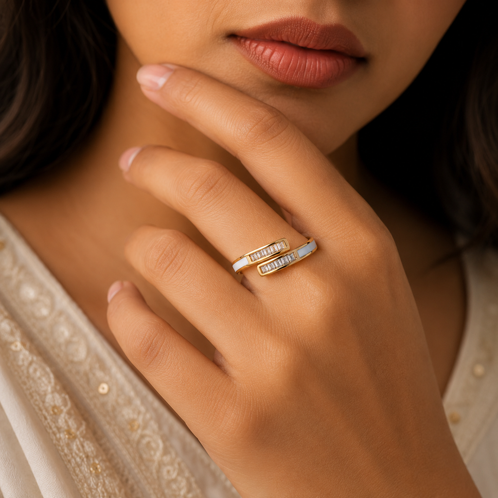 18K Crystal & White Enamel Open Ring