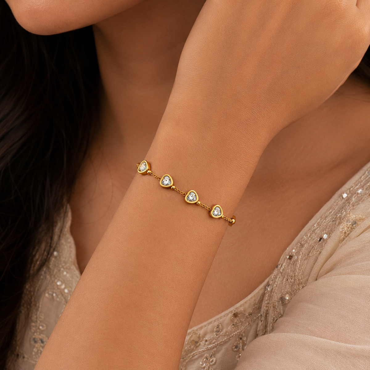 18K Heart Crystal Charm Bracelet