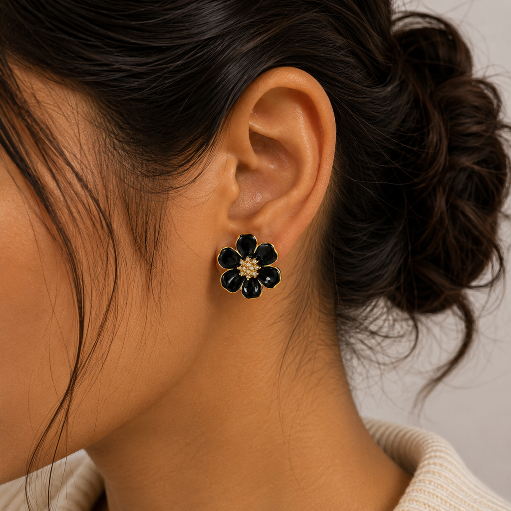 18K Black Blossom Enamel Stud Earrings