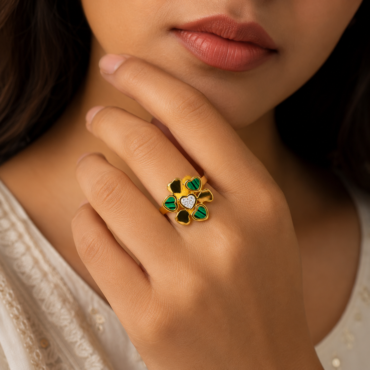 18K Malachite Clover Heart Statement Ring