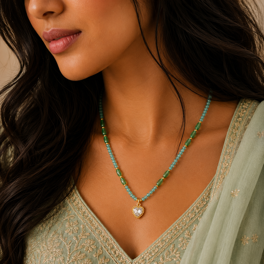 18K Gold Plated Aqua Beaded Heart Necklace