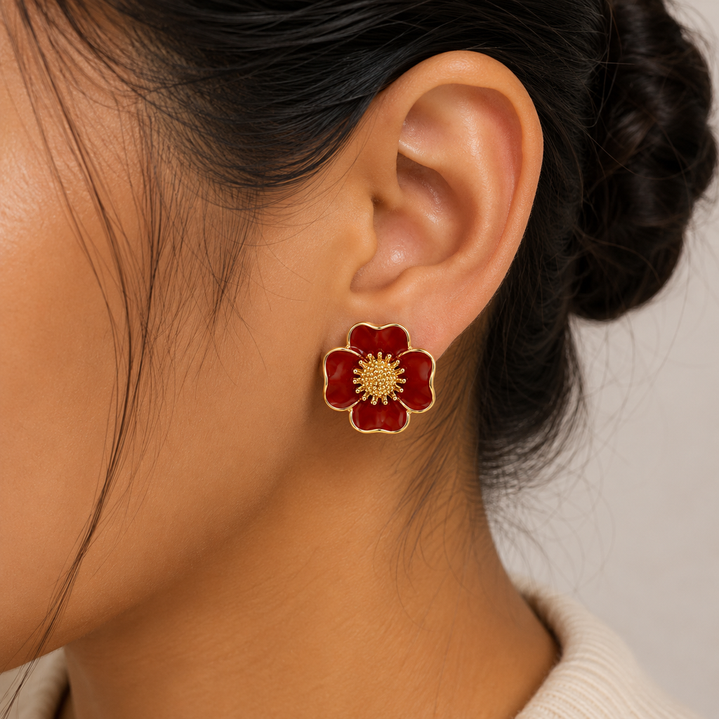 18K Red Bloom Enamel Stud Earrings