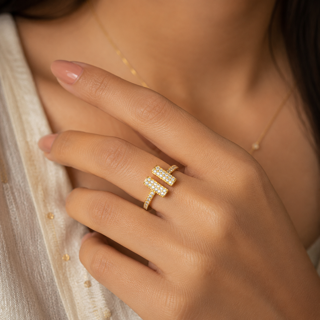 18K Double Bar Crystal Open Ring