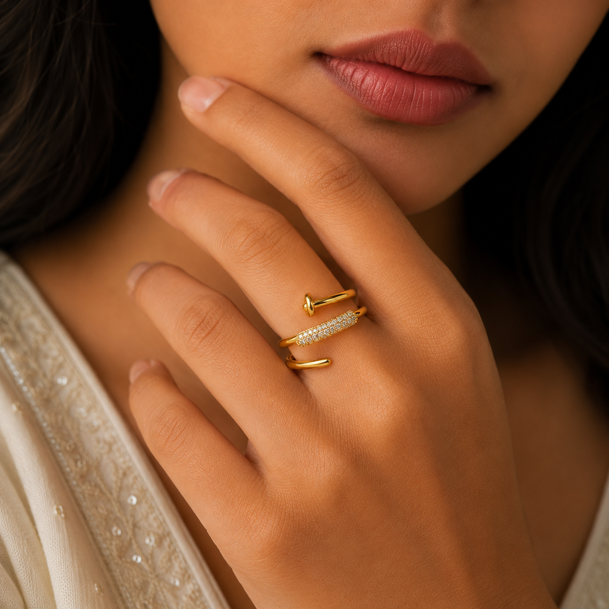 18K Crystal Nail Wrap Open Ring