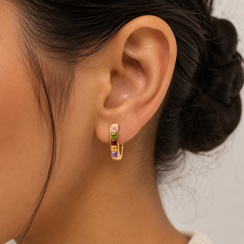 18K Rainbow Crystal Huggie Hoop Earrings