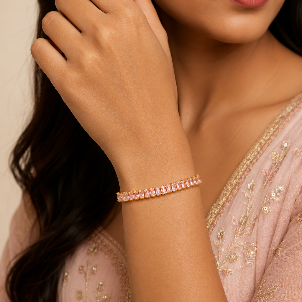 18K Pink Baguette Crystal Tennis Bracelet