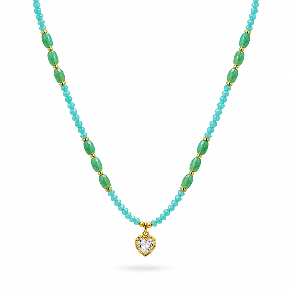 18K Gold Plated Aqua Beaded Heart Necklace