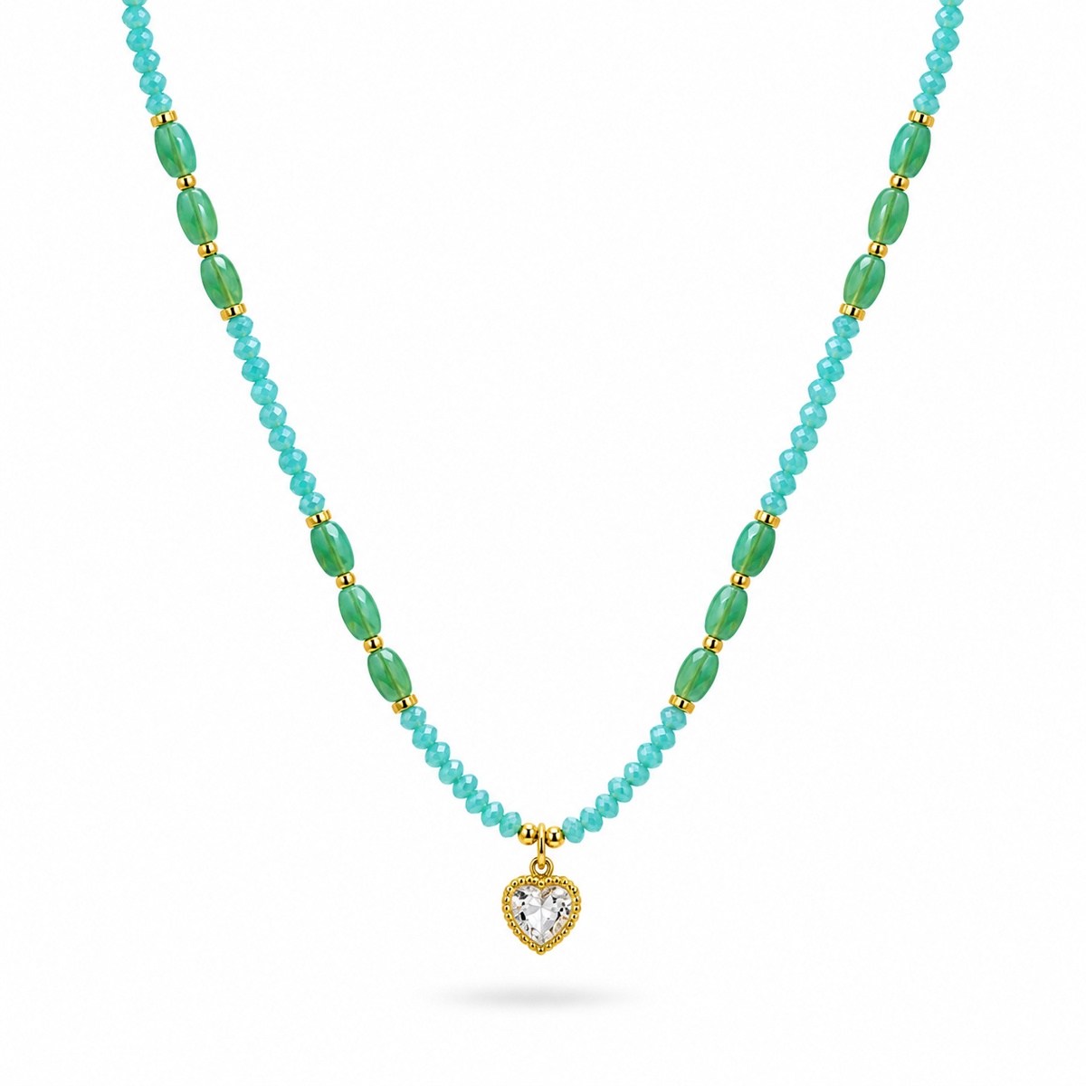 18K Gold Plated Aqua Beaded Heart Necklace
