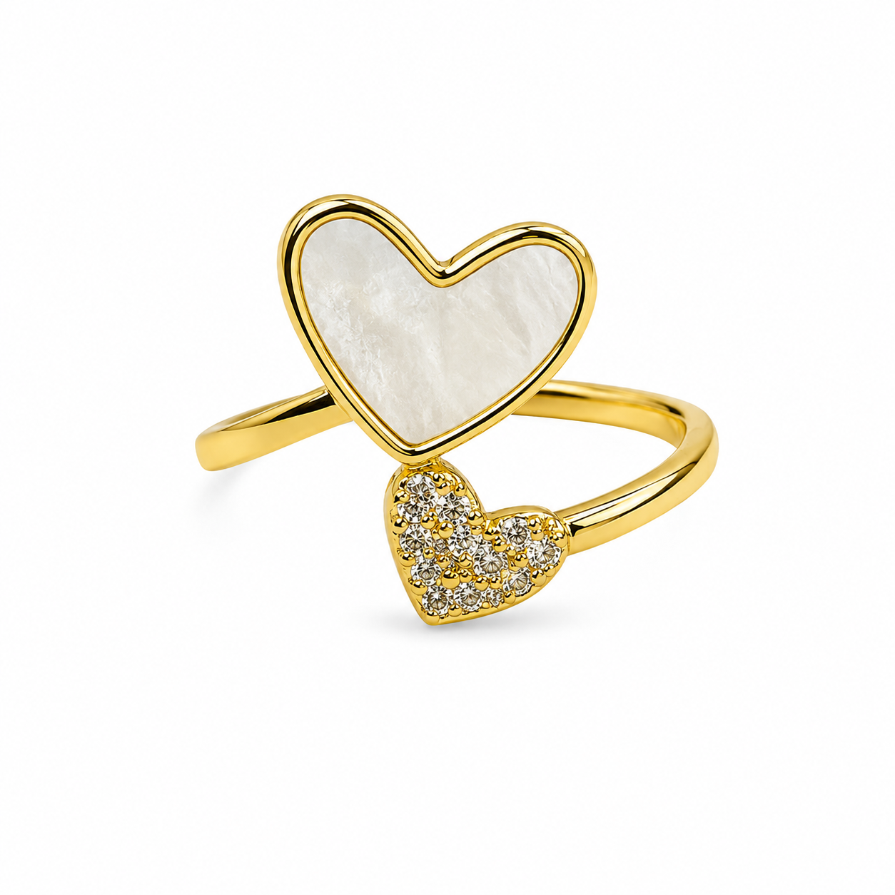 18K Mother of Pearl Double Heart Adjustable Ring