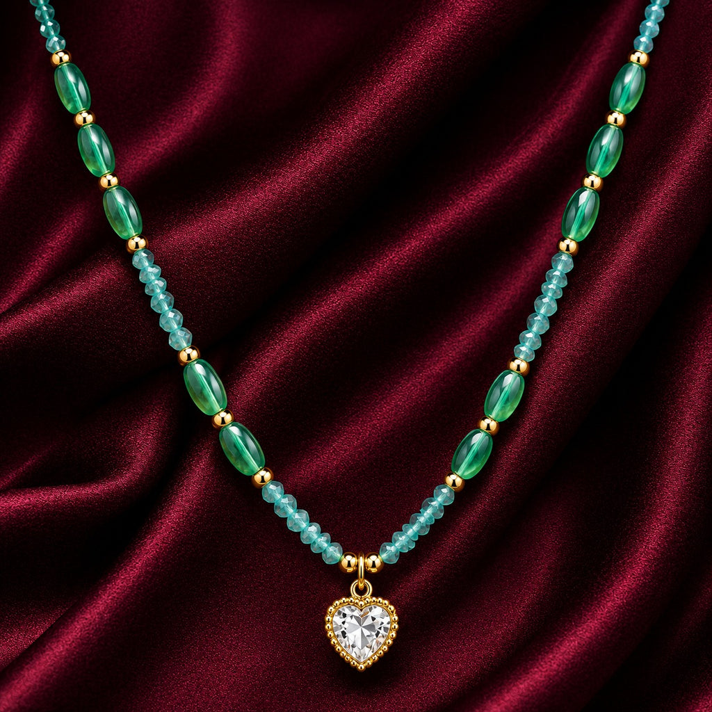 18K Gold Plated Aqua Beaded Heart Necklace