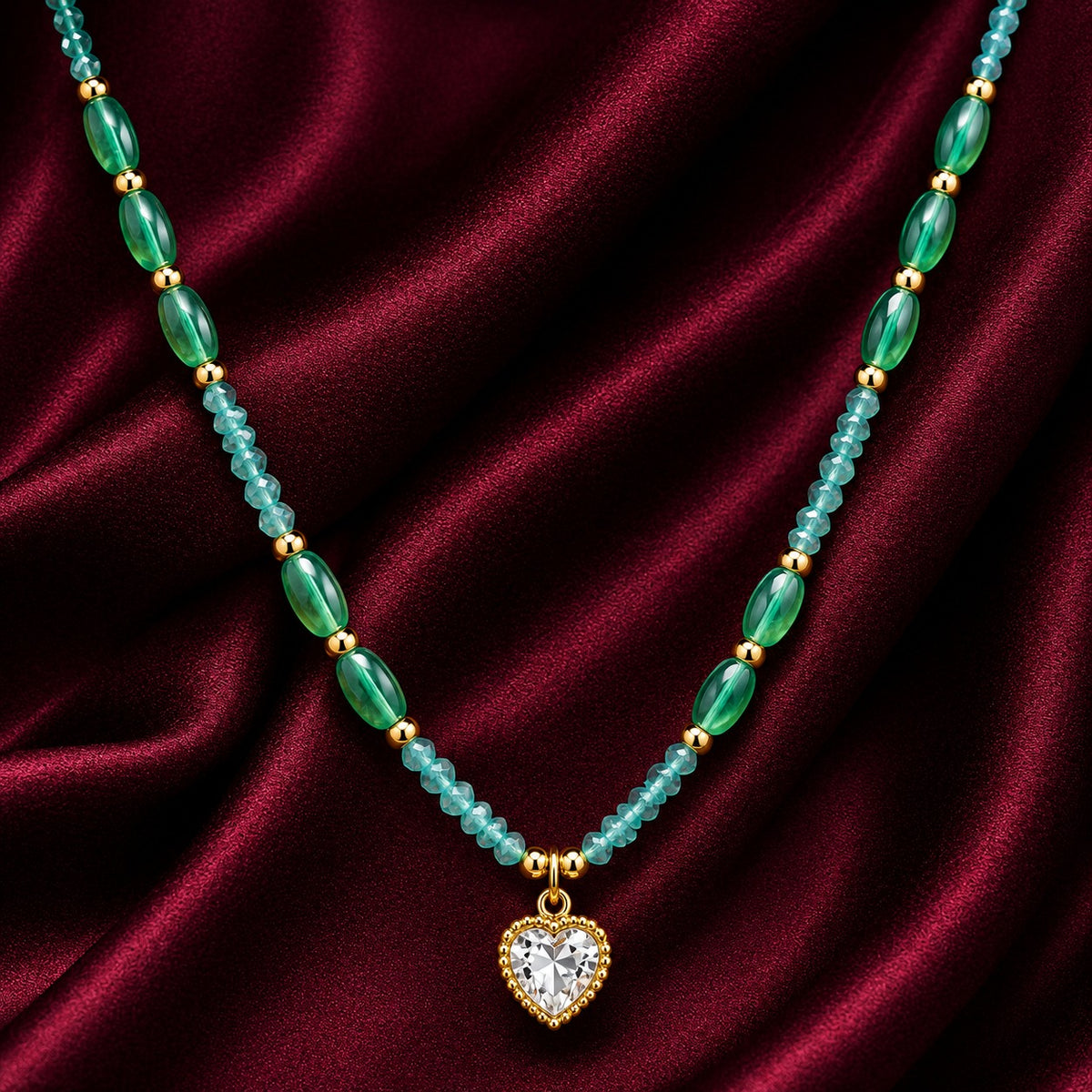 18K Gold Plated Aqua Beaded Heart Necklace