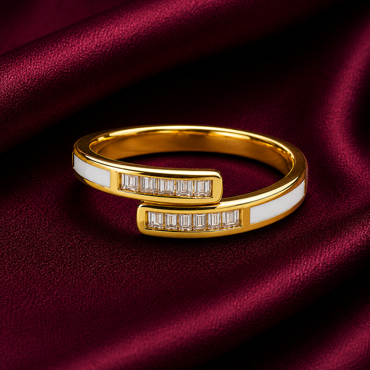 18K Crystal & White Enamel Open Ring