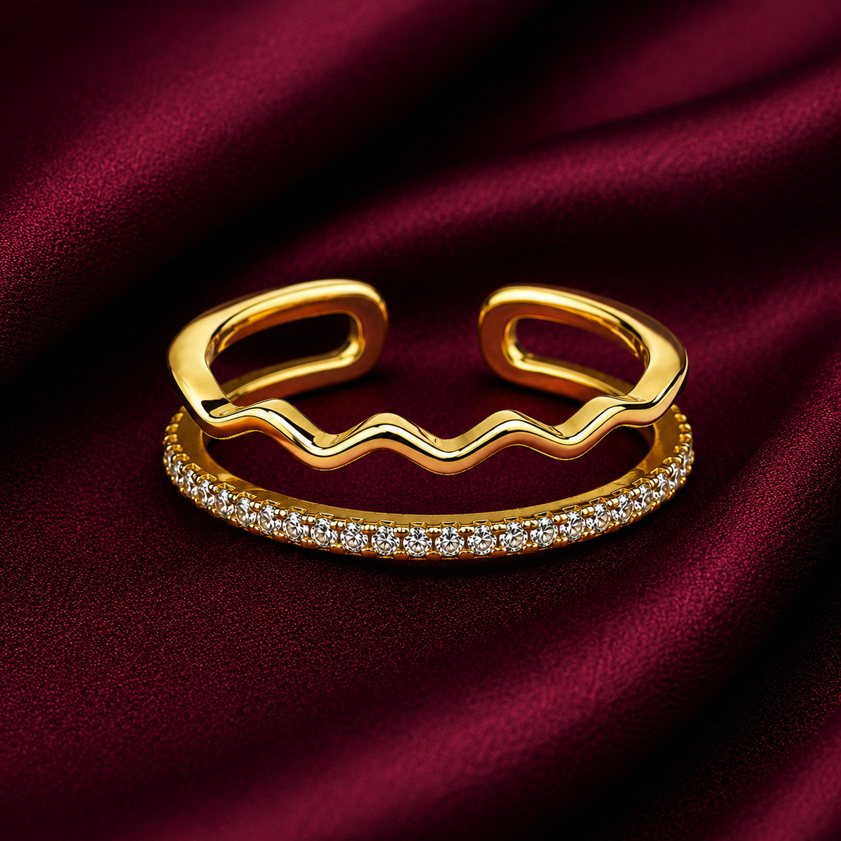18K Dual Wave Crystal Open Ring
