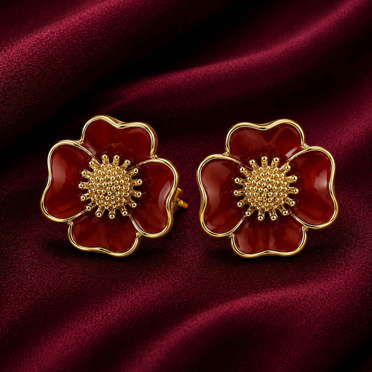 18K Red Bloom Enamel Stud Earrings
