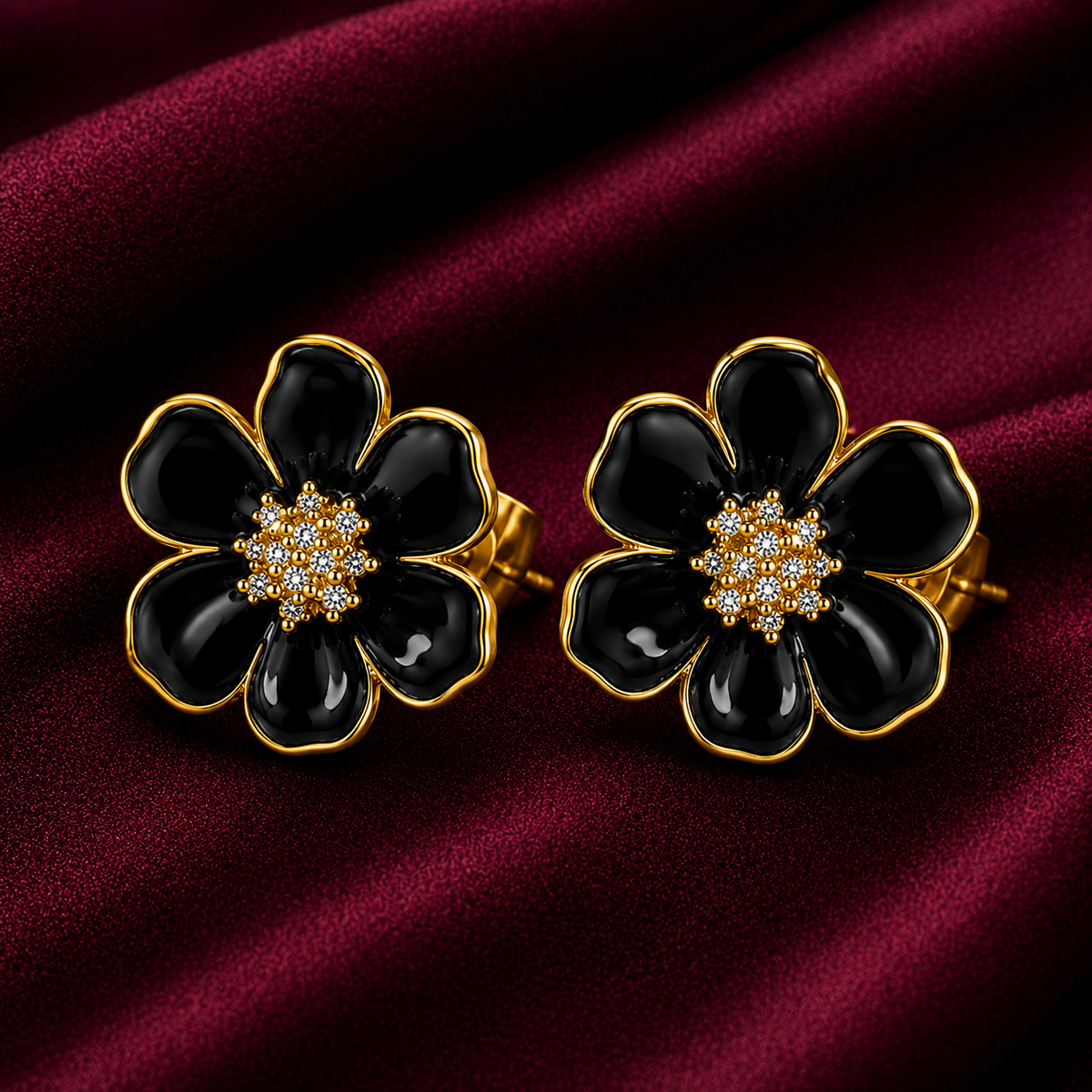 18K Black Blossom Enamel Stud Earrings