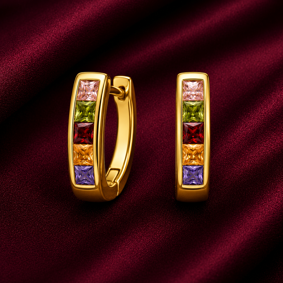 18K Rainbow Crystal Huggie Hoop Earrings
