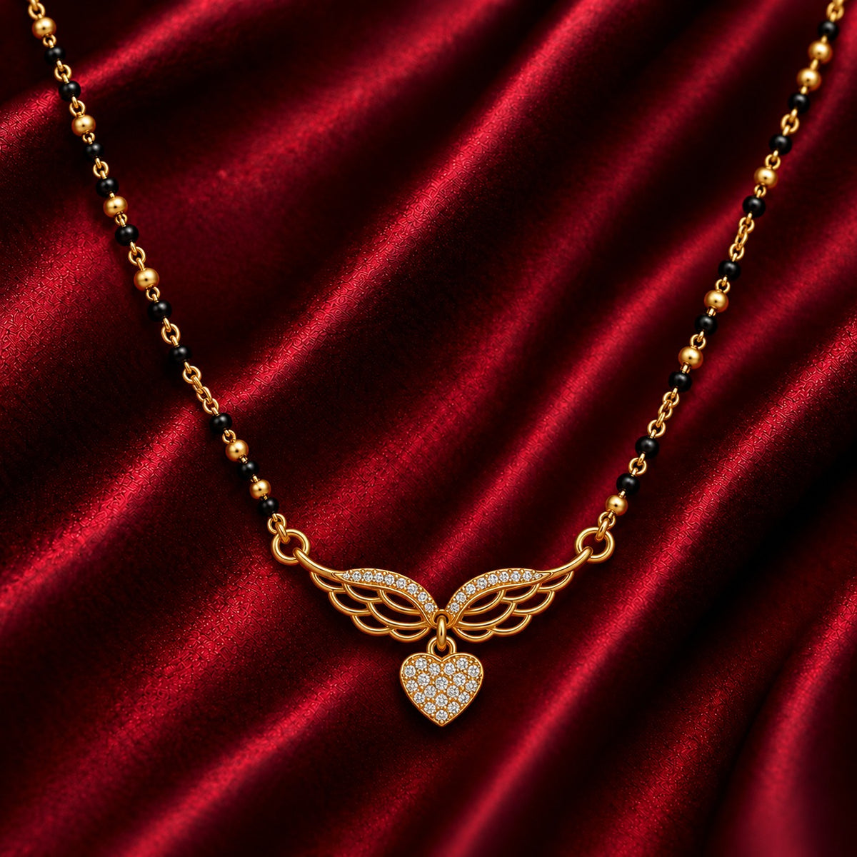 18K Gold Tone Anti-Tarnish Wing Heart Pendant Mangalsutra