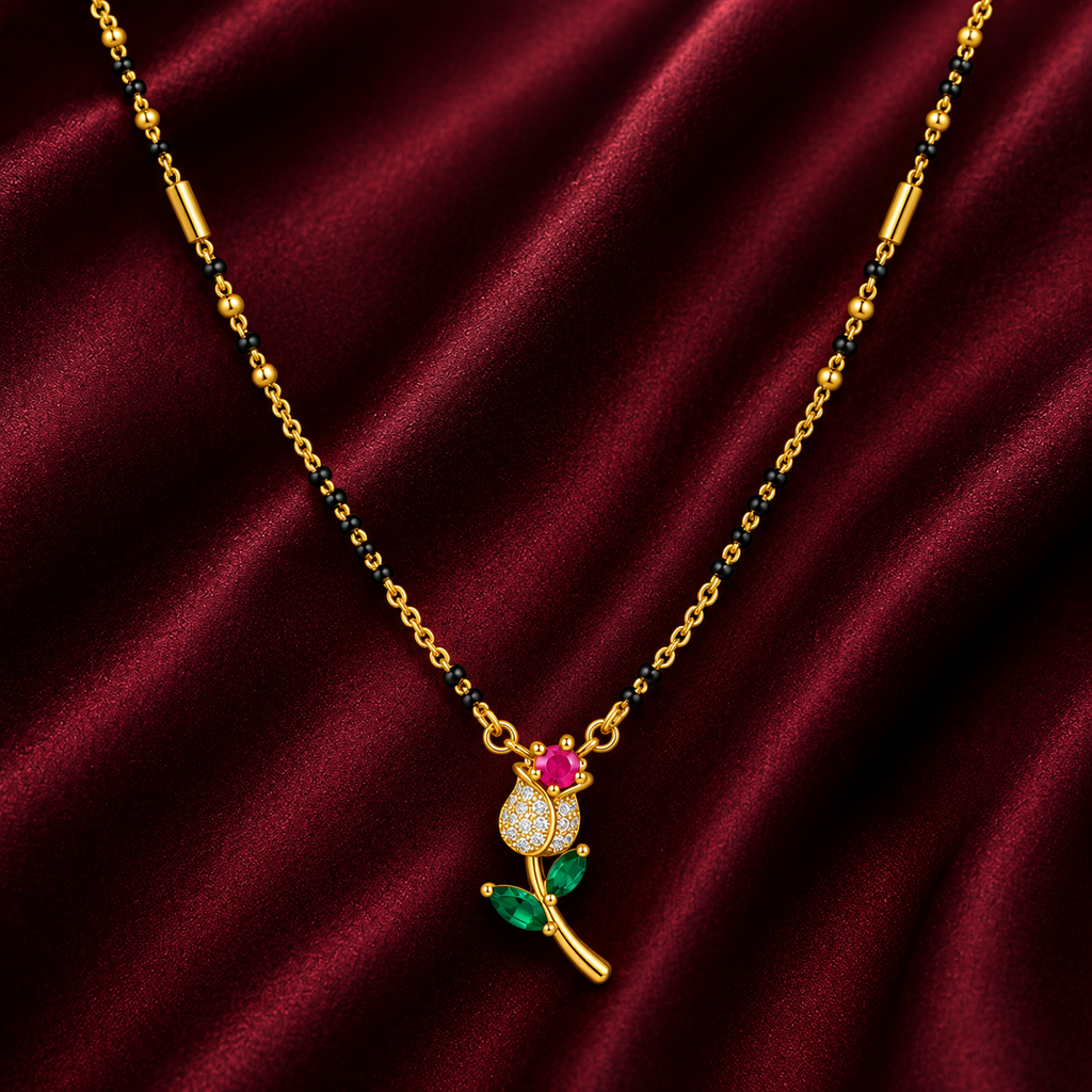 18K Gold Tone Anti-Tarnish Floral Rose Pendant Mangalsutra