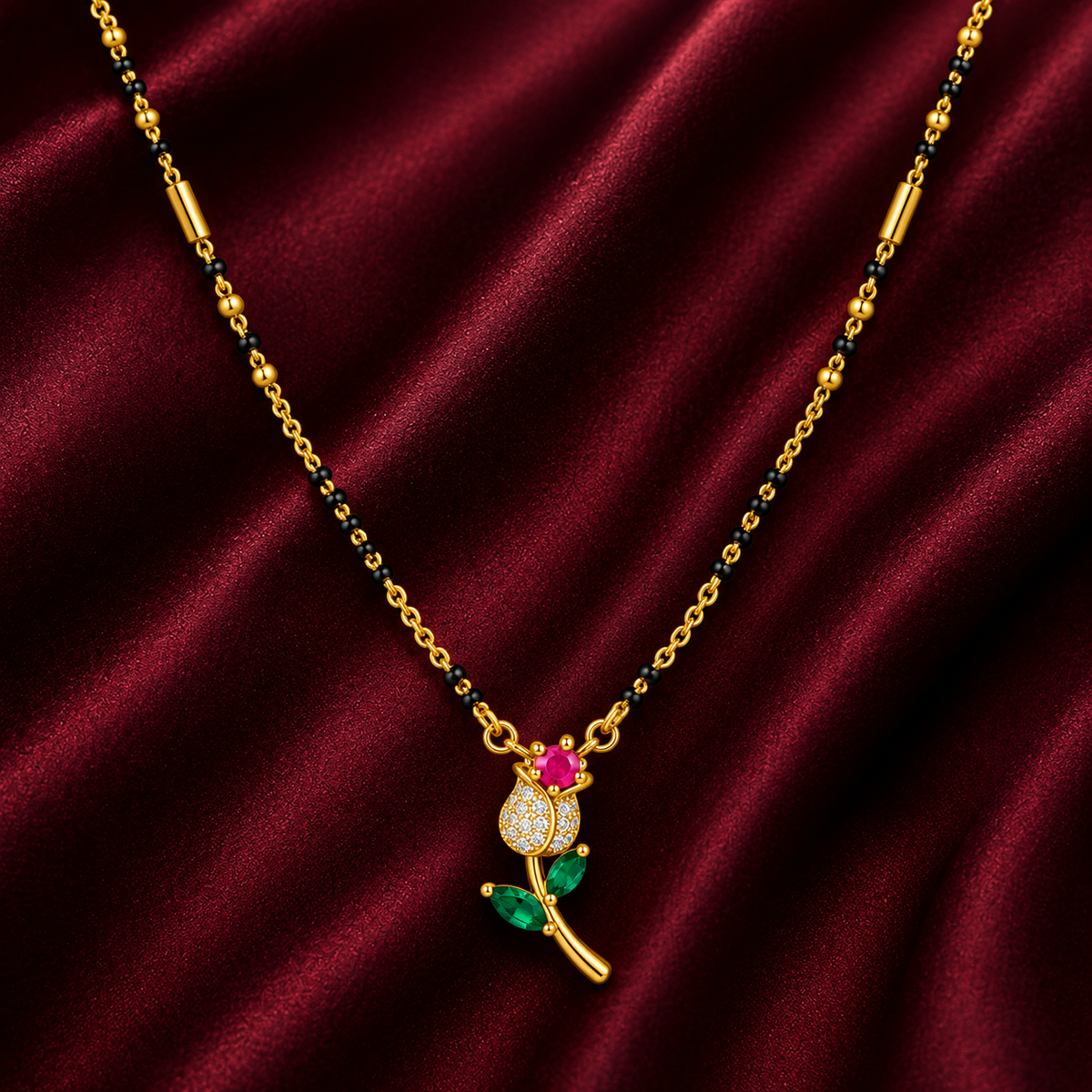 18K Gold Tone Anti-Tarnish Floral Rose Pendant Mangalsutra