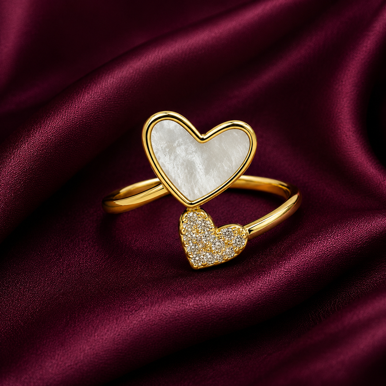 18K Mother of Pearl Double Heart Adjustable Ring