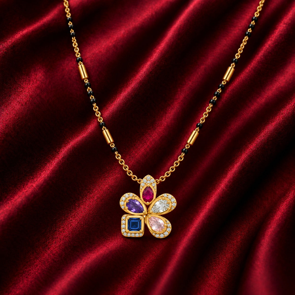 18K Gold Tone Multicolor Floral Gemstone Mangalsutra