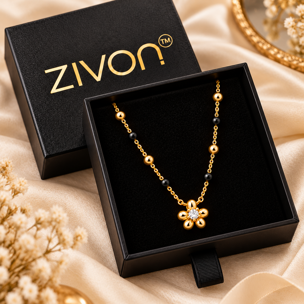 18K Gold Tone Anti-Tarnish Flower Pendant Mangalsutra for Women