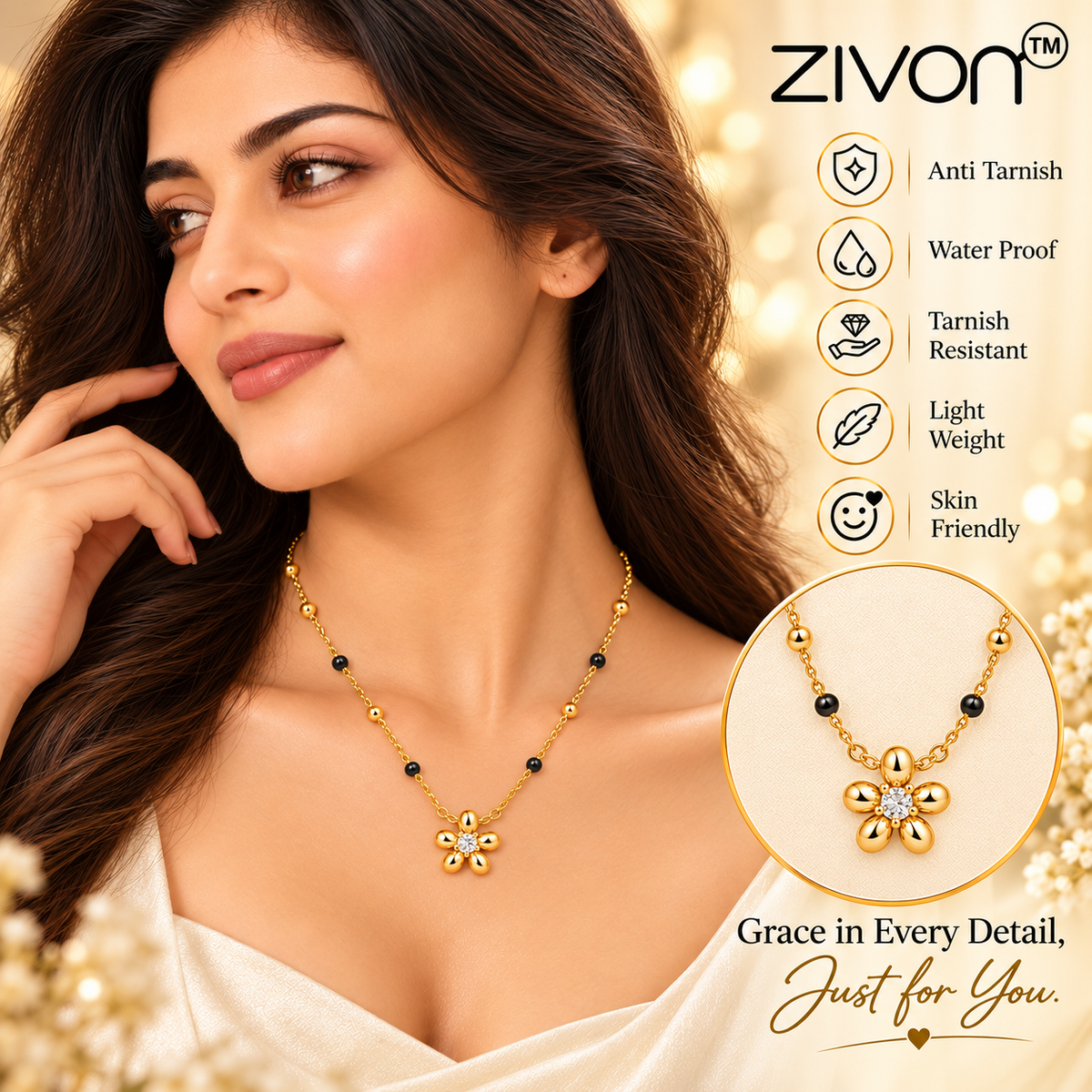 18K Gold Tone Anti-Tarnish Flower Pendant Mangalsutra for Women