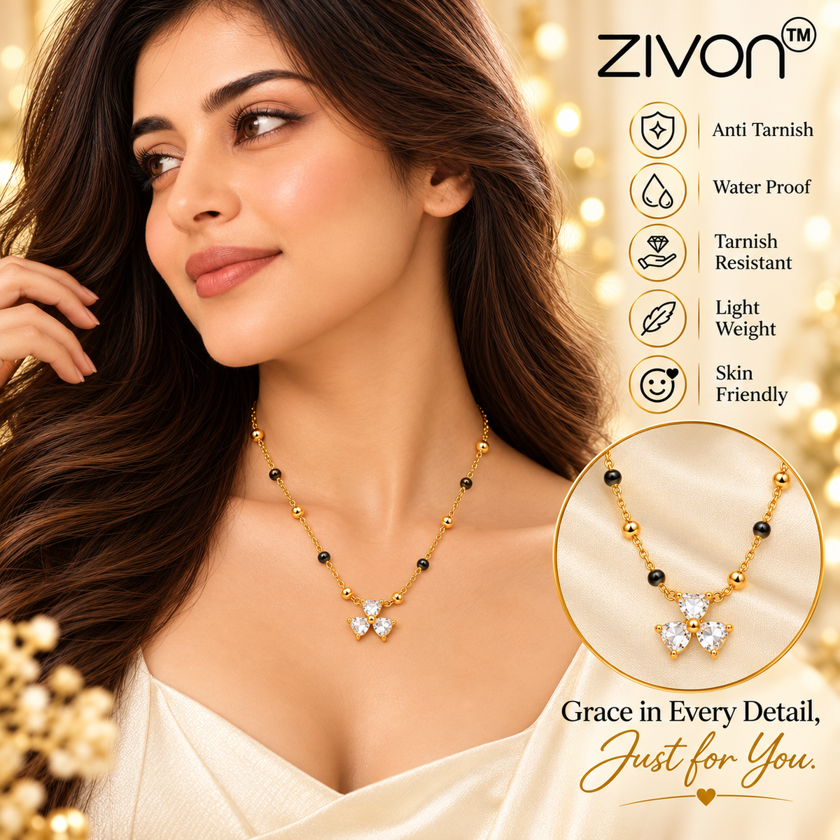 18K Gold Tone Anti-Tarnish Trefoil Heart Mangalsutra for Women