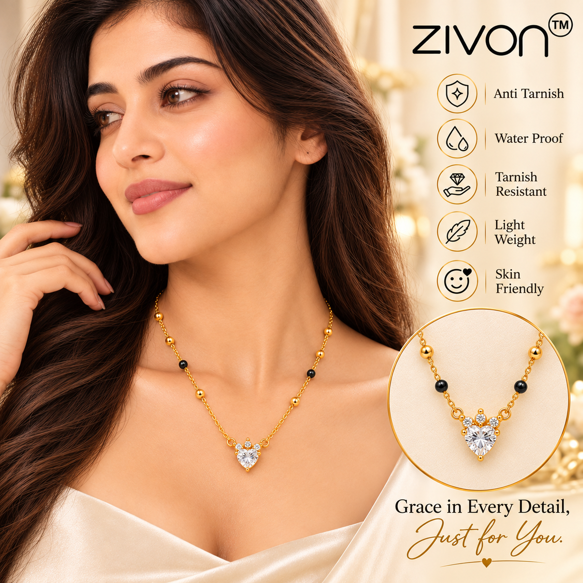 18K Gold Tone Anti-Tarnish Crown Heart Mangalsutra for Women