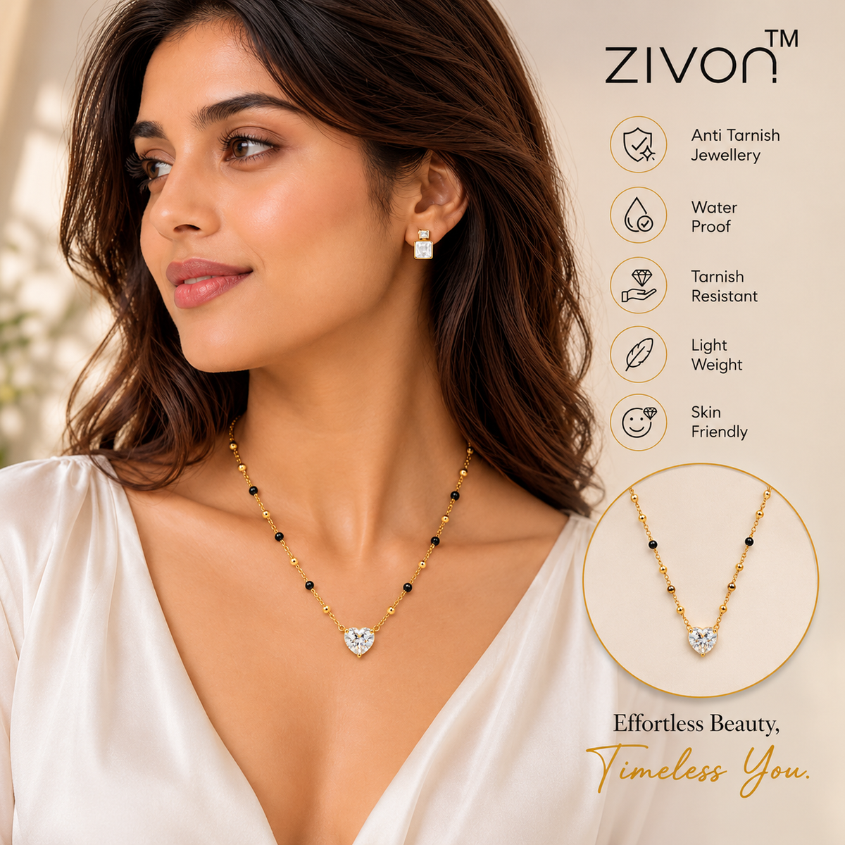 18K Gold Tone Anti-Tarnish Heart Solitaire Mangalsutra for Women