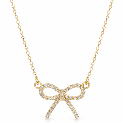 Gold Bow Pendant Necklace with Sparkling Crystals – Elegant Women’s