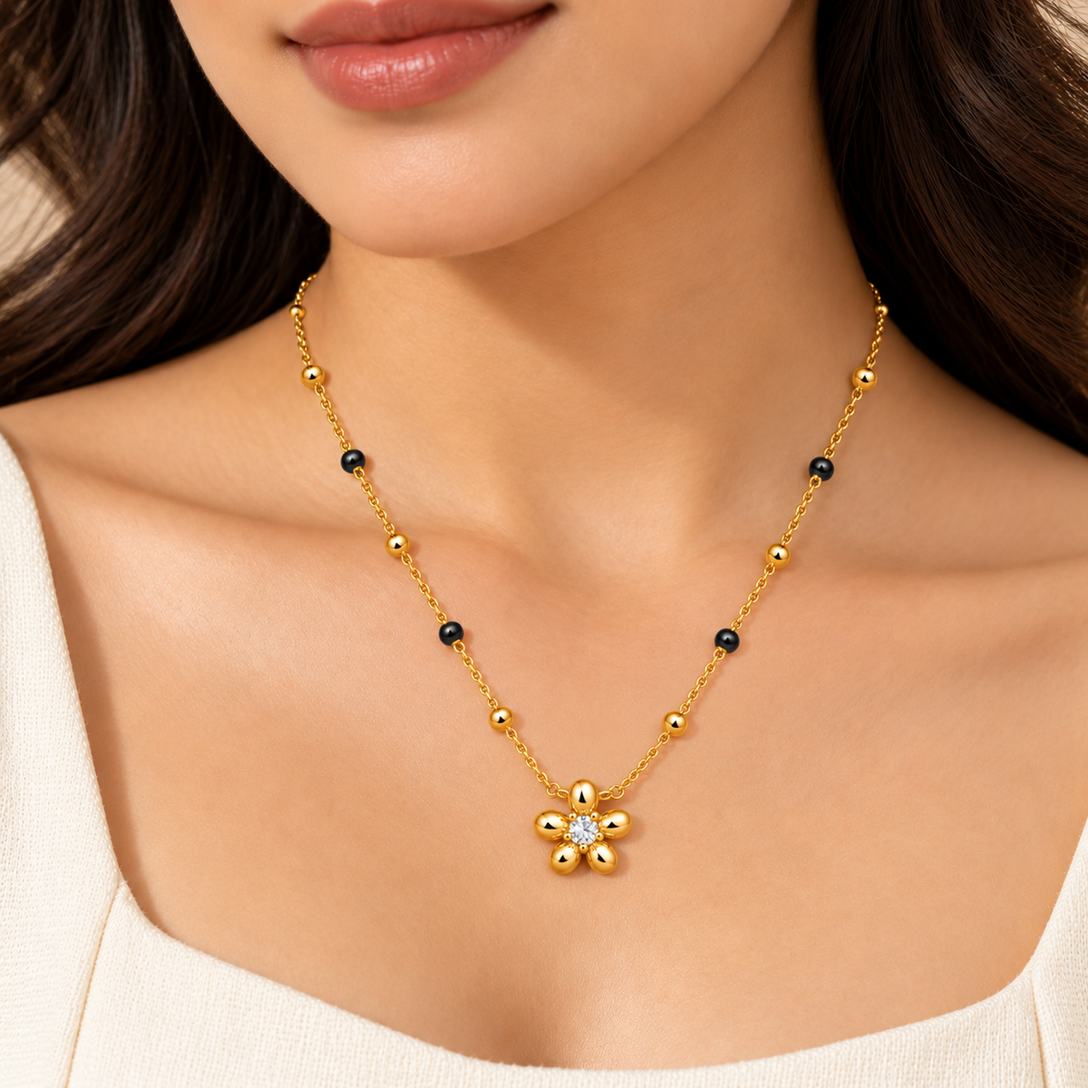 18K Gold Tone Anti-Tarnish Flower Pendant Mangalsutra for Women